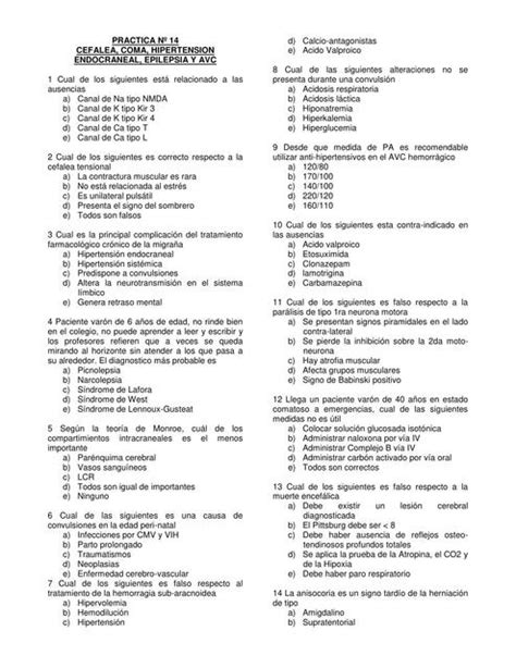 Práctica N14 Cefalea Coma Hipertensión Endocraneal Epilepsia y AVC