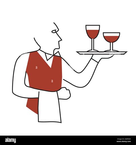 Il Cameriere Serve Il Vino Cartoon Arte Di Linea Stilizzata