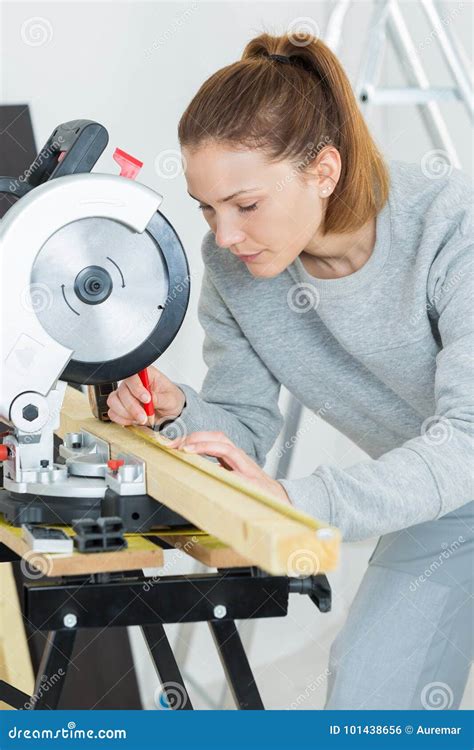 Beautiful Female Carpenter Using Circular Saw Stock Photo Image Of