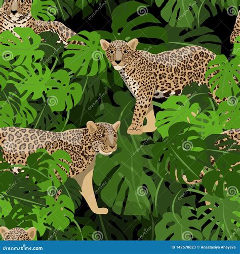 Seamless Pattern Jaguars Or Leopards In The Tropical Leaves Of The