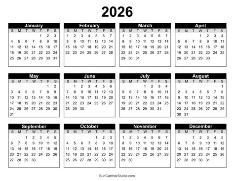 2026 printable yearly calendar