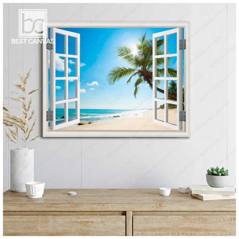 Beach Canvas Wall Art Sunrise Beach With Palm Tree Through White Window Beach House Decor ...