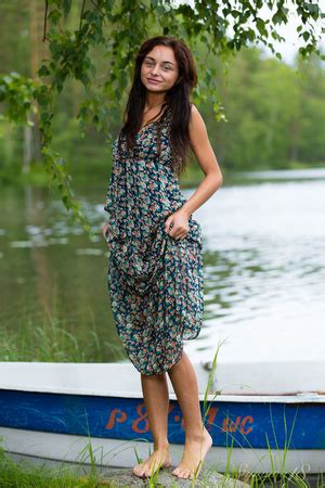 Brunette In Long Floral Gown Strips Sensually On The Lak XXX Dessert