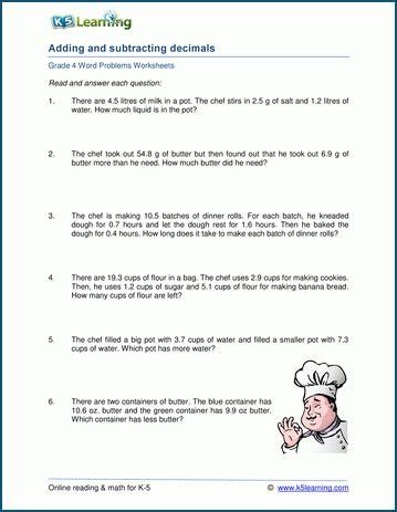 Decimal Subtraction Word Problems Worksheets