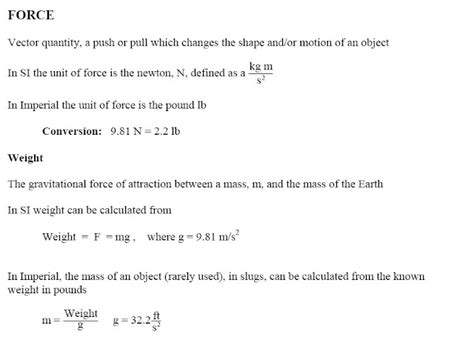 BASIC CHEMICAL ENGINEERING OPERATIONS: Force,weight formulas and units