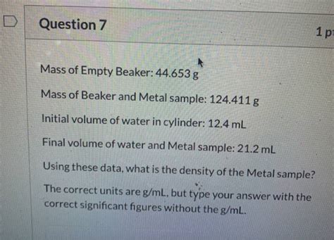 Solved Question P Mass Of Empty Beaker G Mass Of Beaker