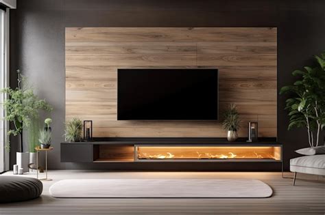 Premium AI Image | Interior of living room with wooden wall mounted ...