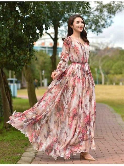 Colors Chiffon Pink Flower Autumn V Neck Long Sleeve Party Etsy