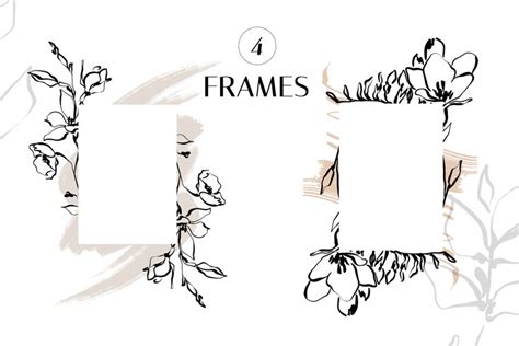 Line art floral frames - 4 inky artistic PNG frames