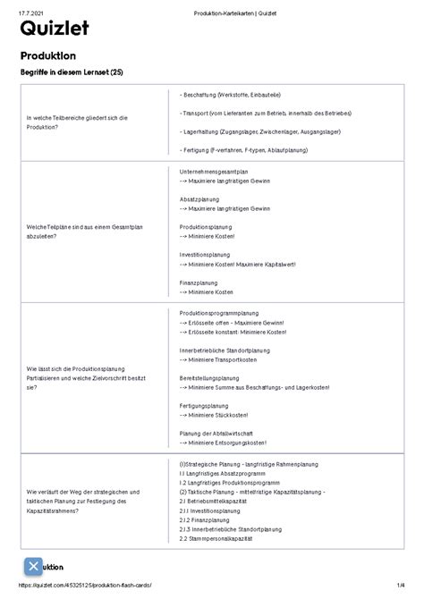 Produktion Karteikarten Quizlet Bwl I Grundlagen Th K Ln Studocu