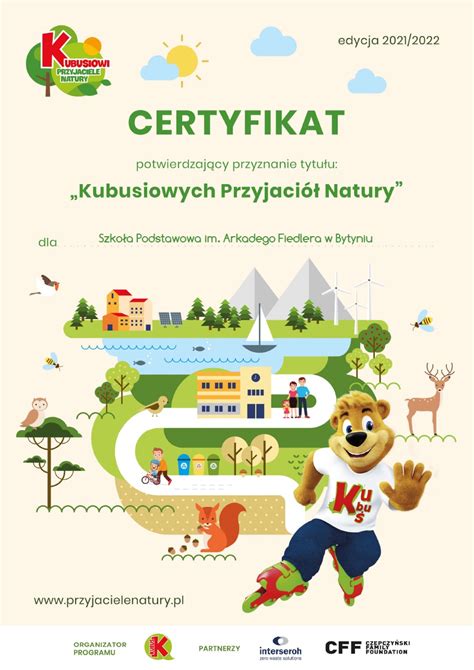 Certyfikat Kubusiowi Przyjaciele Natury Zespół Szkolno Przedszkolny