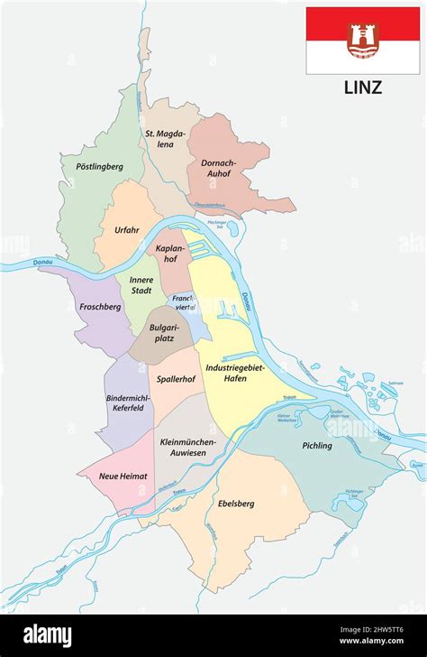 Administrative Vector Map Of The Upper Austrian Capital Linz With Flag