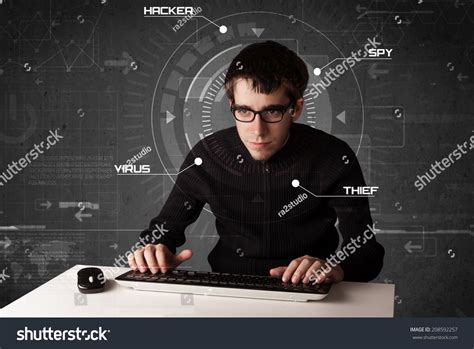 Young Hacker In Futuristic Enviroment Hacking Personal Information On