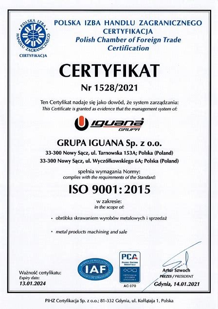 CERTYFIKAT ISO 9001 2015 Iguana Grupa