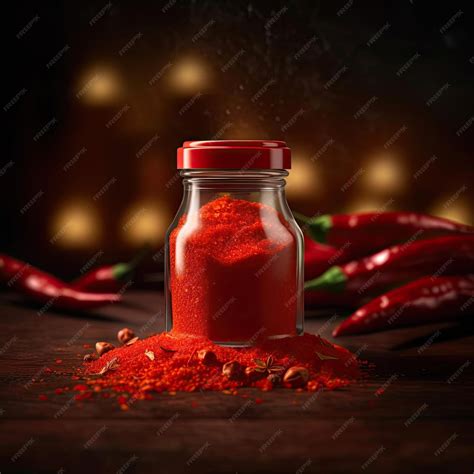 Premium Ai Image Red Hot Chili Pepper Powder In A Glass Jar On A Wooden Table