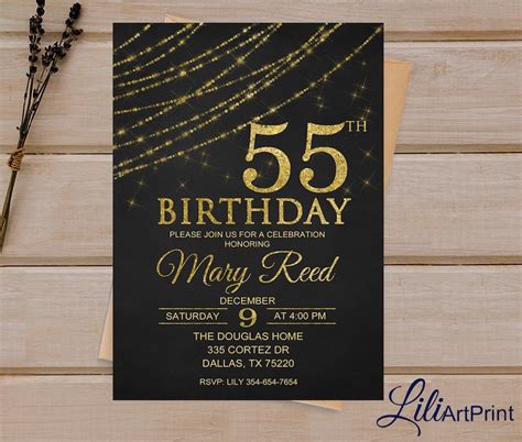 55th Birthday Invitation Gold Invitation Gold Glitter Etsy