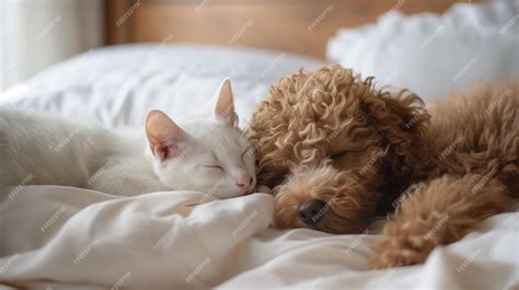 Premium Photo | A cat and dog sleeping together on a bed