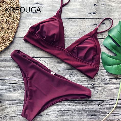 XREOUGA Sexy Strappy Solid Wine Red Bikini Set Brazilian Swimwear