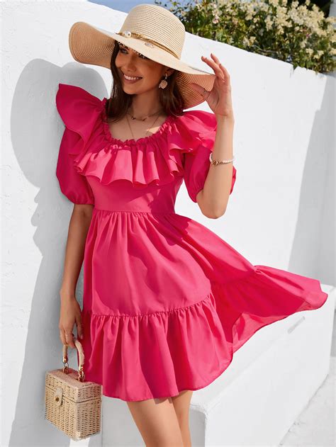 Shein Vcay Solid Ruffle Trim Dress Shein Usa