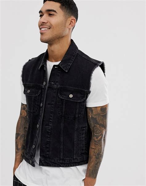 Asos Design Sleeveless Denim Jacket In Black Asos Sleeveless Denim Jacket Outfit Black Vest