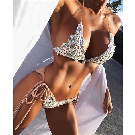 Xyxnfly New Women Bikini Set Luxury Plated Crystal Lace Bandage Swimsuit Swimwear Brazilian