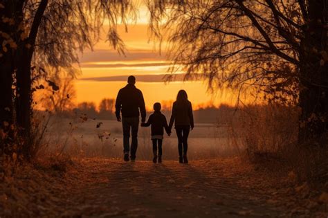 Una Familia Caminando Por Un Sendero Al Atardecer Foto Premium