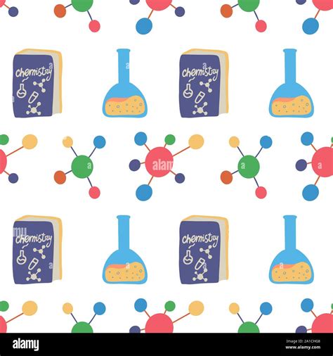 Seamless Pattern With Chemistry Flask Molecule Structure And Book For