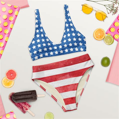 Retro Red White Blue High Waisted Bikini Set Nautical Recycled Bikini Pin Up Style Swimsuit