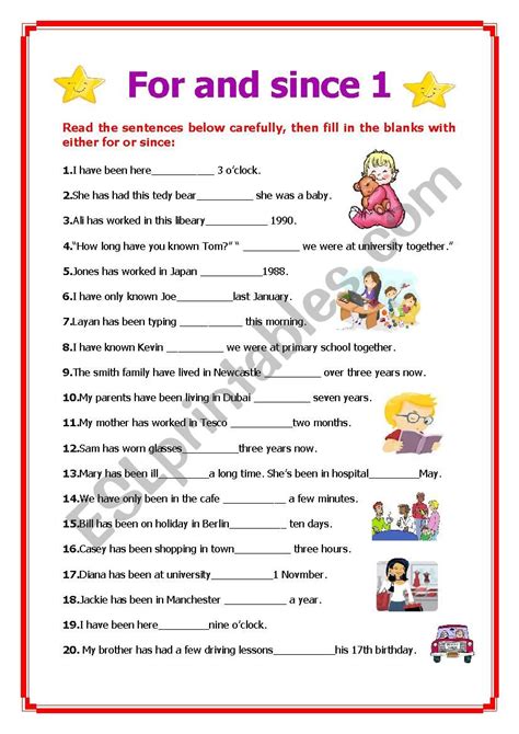 For And Since Esl Worksheet By Elle