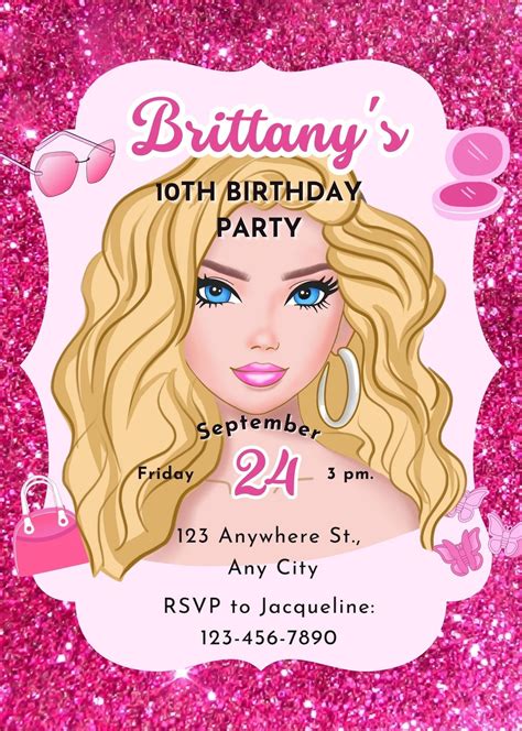 Barbie Birthday Invitation Girl Birthday Party Invite Doll Etsy