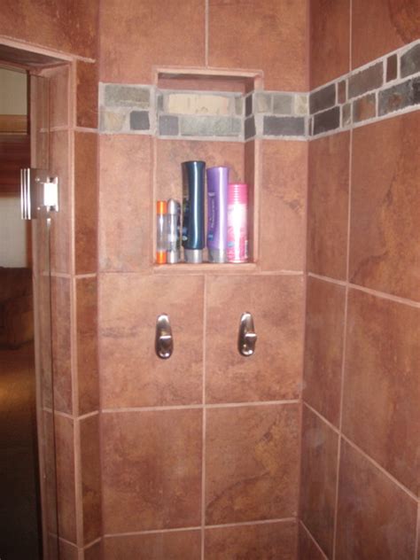 Stacked Slate Bathroom With Concrete Countertops Vessel Sinks Shower