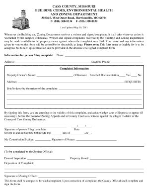 Fillable Online Zoning Complaint Form Cass County Fax Email Print