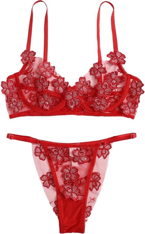 Wdirara Women S Sexy Lace Spaghetti Strap Flower Applique Lingerie Set Red Solid L Amazon De
