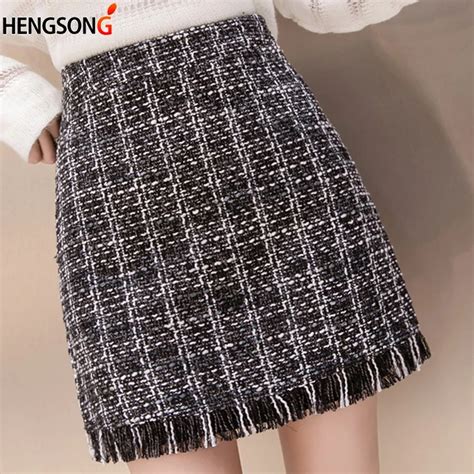 Spring Autumn New Fashion Woolen Plaid Skirt Vintage Female Woolen Bag