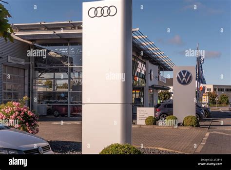 Neuwied, Germany -October 21, 2023: a pylon with the AUDI logo in front of another one with the ...