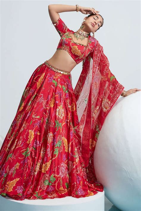 Buy Mahima Mahajan Red Satin Organza Tara Floral Print Lehenga Set