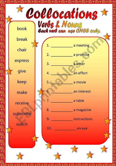 English Worksheets Verb And Noun Collocations