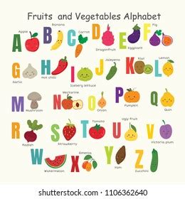 Cute Cartoon Illustrated Alphabet Fruits Vegetables Stock Vector