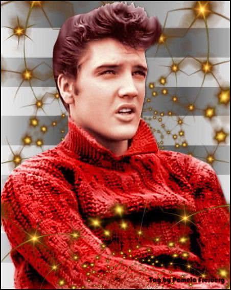 Elvis Presley Wearing A Red Sweater With Stars In The Background