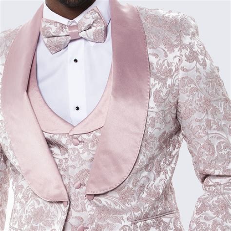 Mens Blush Pink Tuxedo With Floral Design Four Piece Set Wedding P