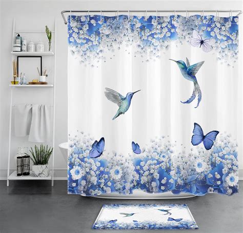 Butterfly And Daisy Shower Curtain Blue Floral Bathroom Decor With