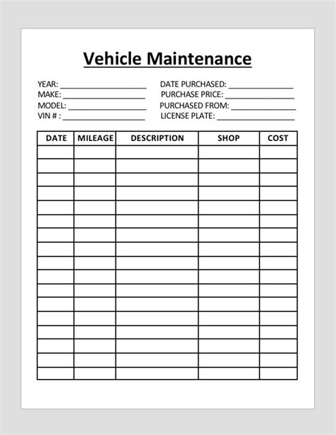 Vehicle Maintenance Log Car Suv Truck Maintenance Sheet Vehicle