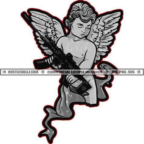 Gray Cherub Angel With Wings Holding Long Black Gun Weapon Firearm