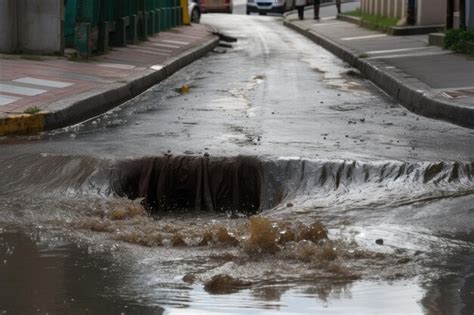 Água de esgoto transbordando para a rua após forte tempestade Foto