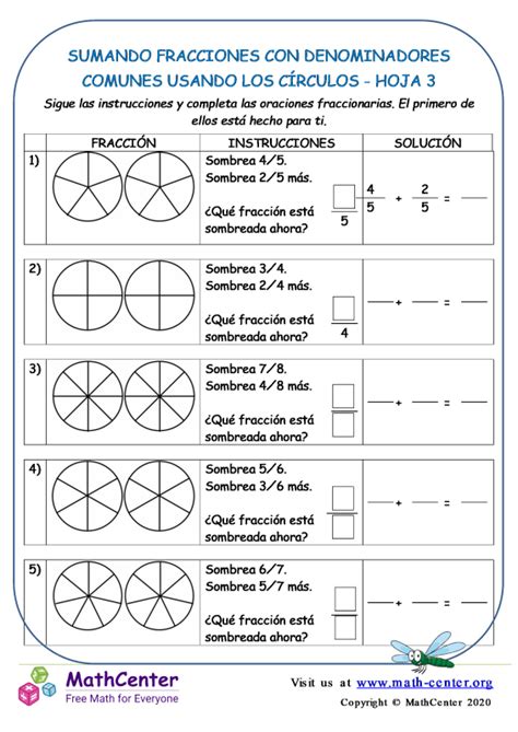 Math Center Tercer Grado Pruebas Sumar Fracciones Con Denominadores