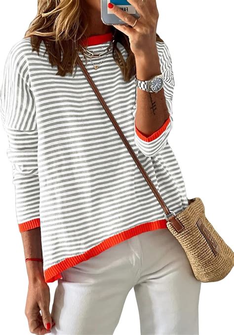 Dokotoo Womens Crewneck Long Sleeve Sweaters Casual Striped Color Block