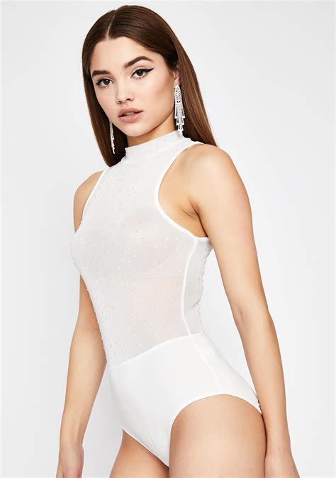 Halter Bodysuit Sheer Rhinestone Cheeky Mesh Mock Neck Off White