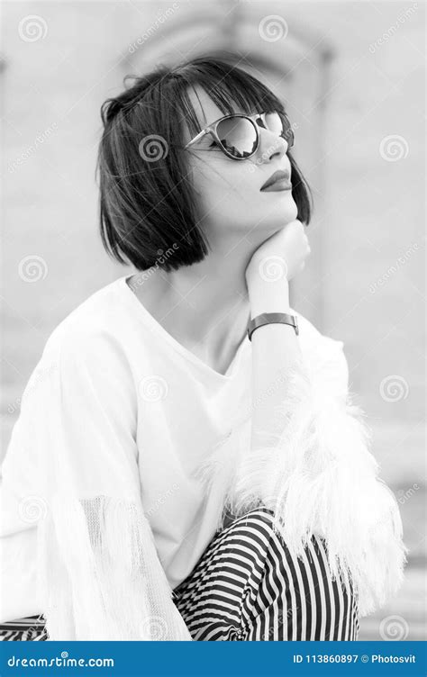 Woman Or Girl With Red Lips In Sunglasses Stock Image Image Of