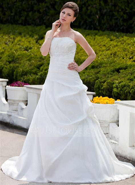 Ball Gown Strapless Chapel Train Taffeta Wedding Dress With Ruffle