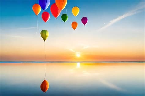 Premium Photo Colorful Balloons Floating In The Sky Over The Ocean